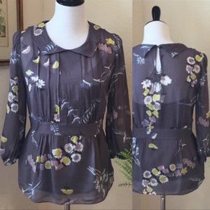 Boden Gray Sheer Floral Blouse